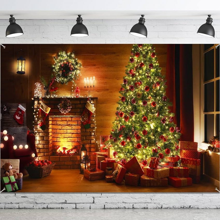 Christmas Fireplace Background  x  Inch Christmas Background Fabric  Christmas Tree Stockings Photography Background Banner for Christmas Party