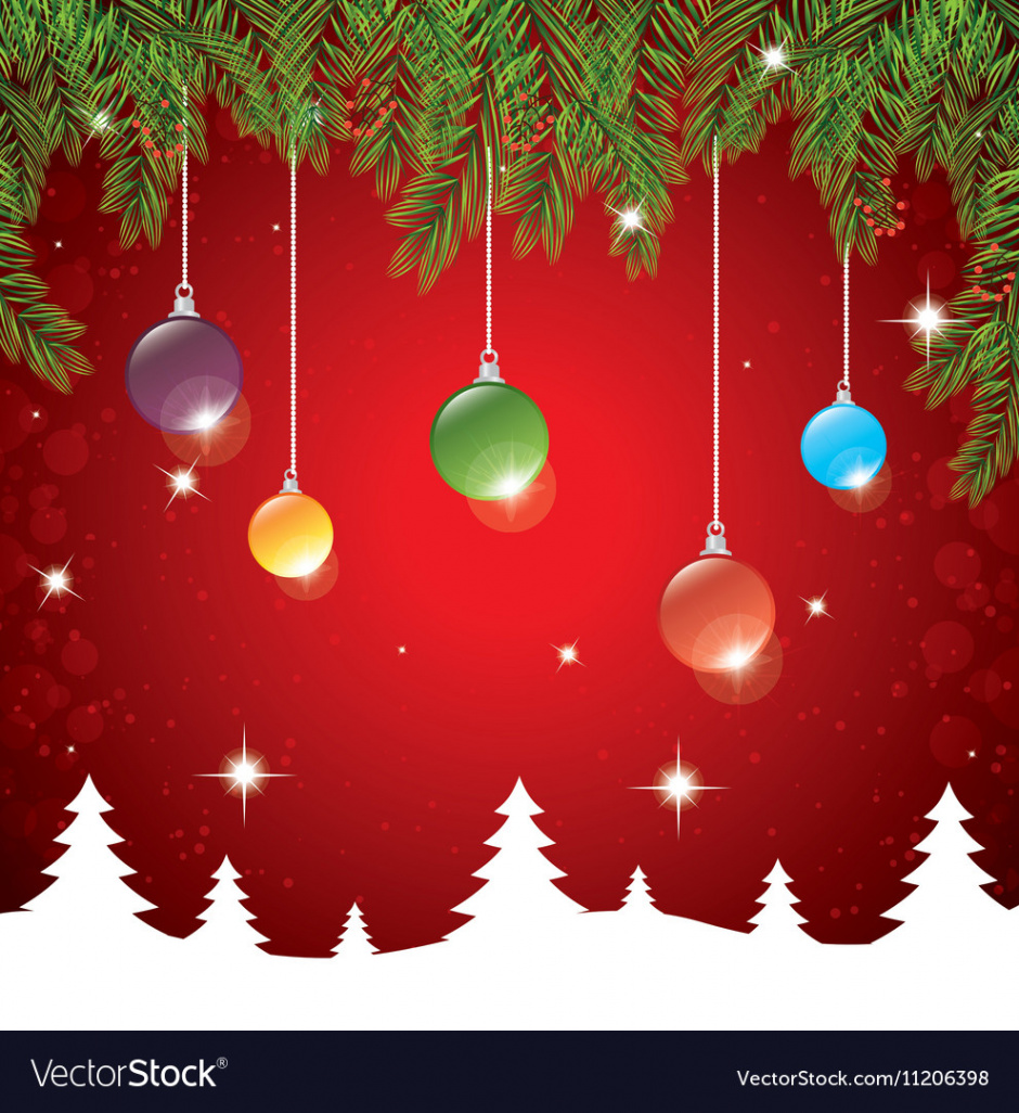 Christmas hanging balls landscape red background Vector Image