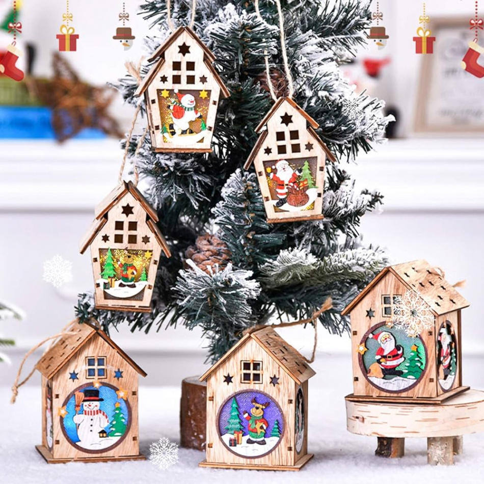 Christmas Hanging Ornaments, Luminous Wooden House, Colorful LED
