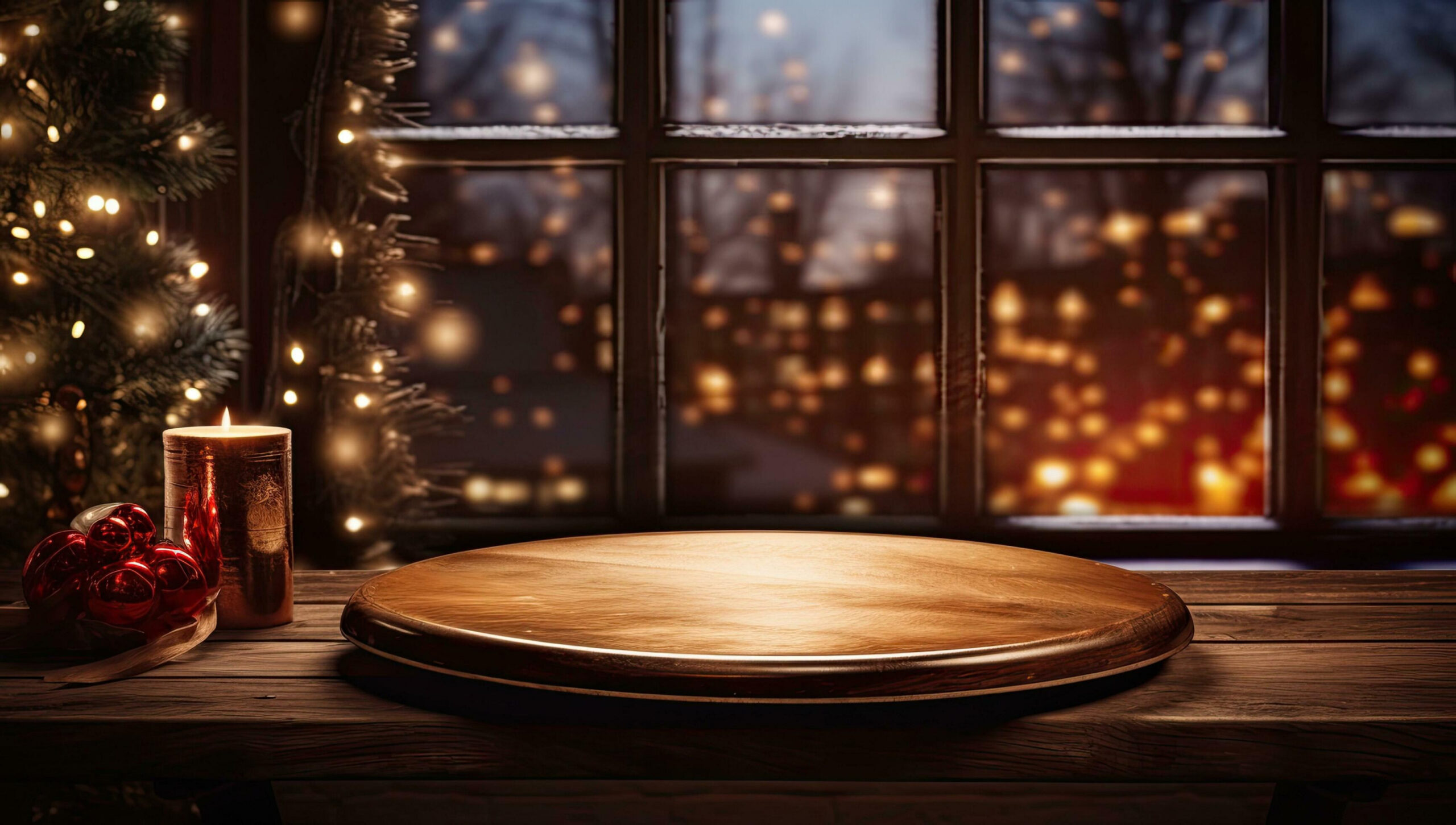 Christmas table background with christmas lights on tabletop