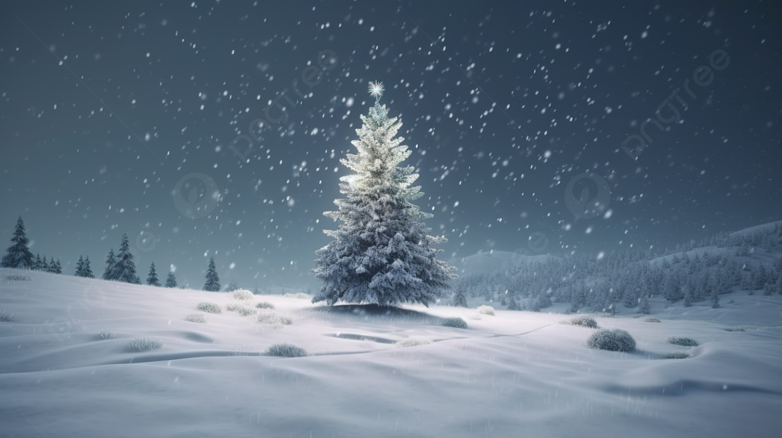 Christmas Tree On A Snowy Night Background, d Christmas Tree With