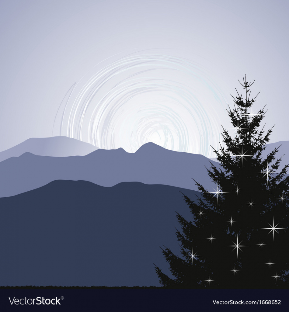 Christmas tree silhouette on a mountain background