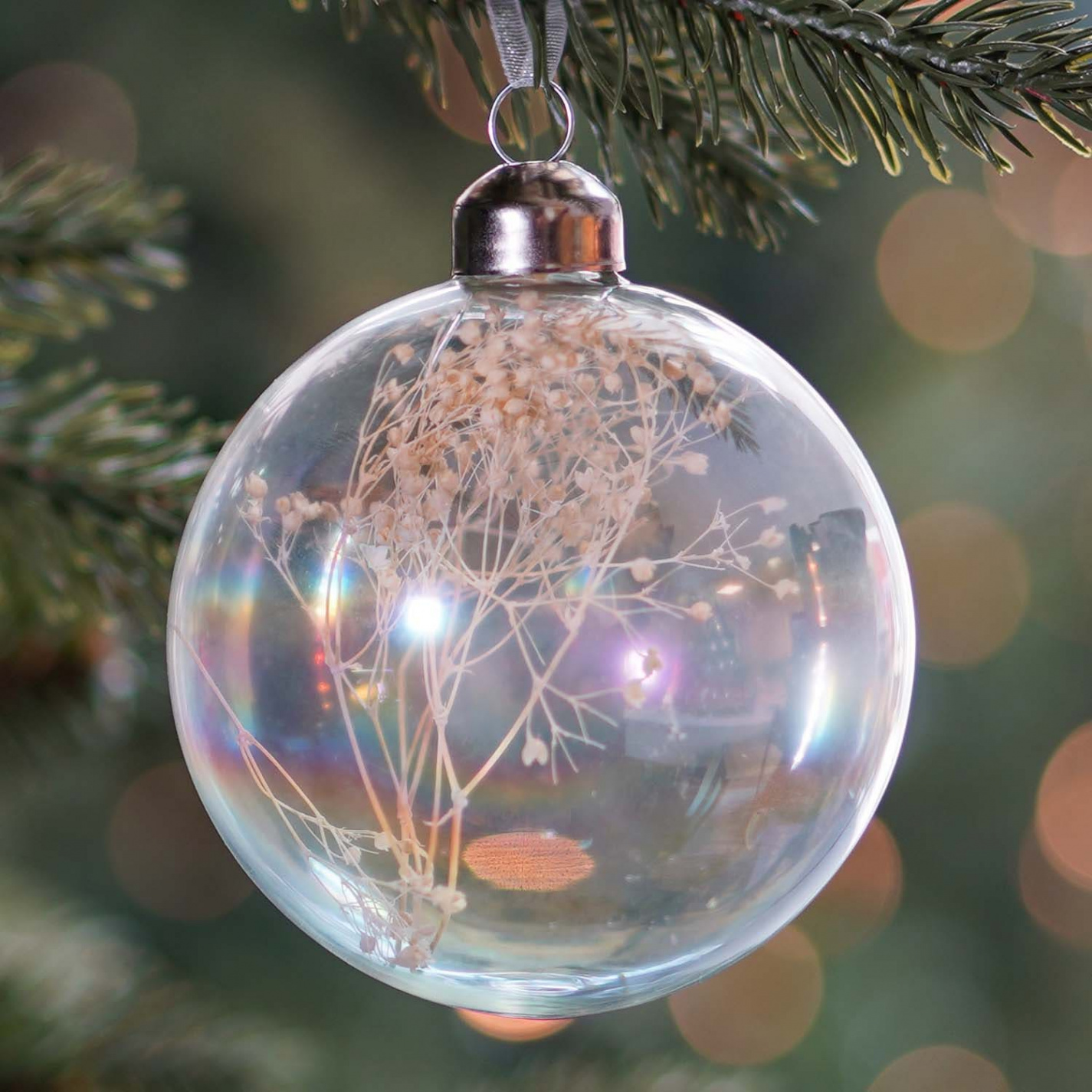 Clear Glass Christmas Bauble with dry flowers cm