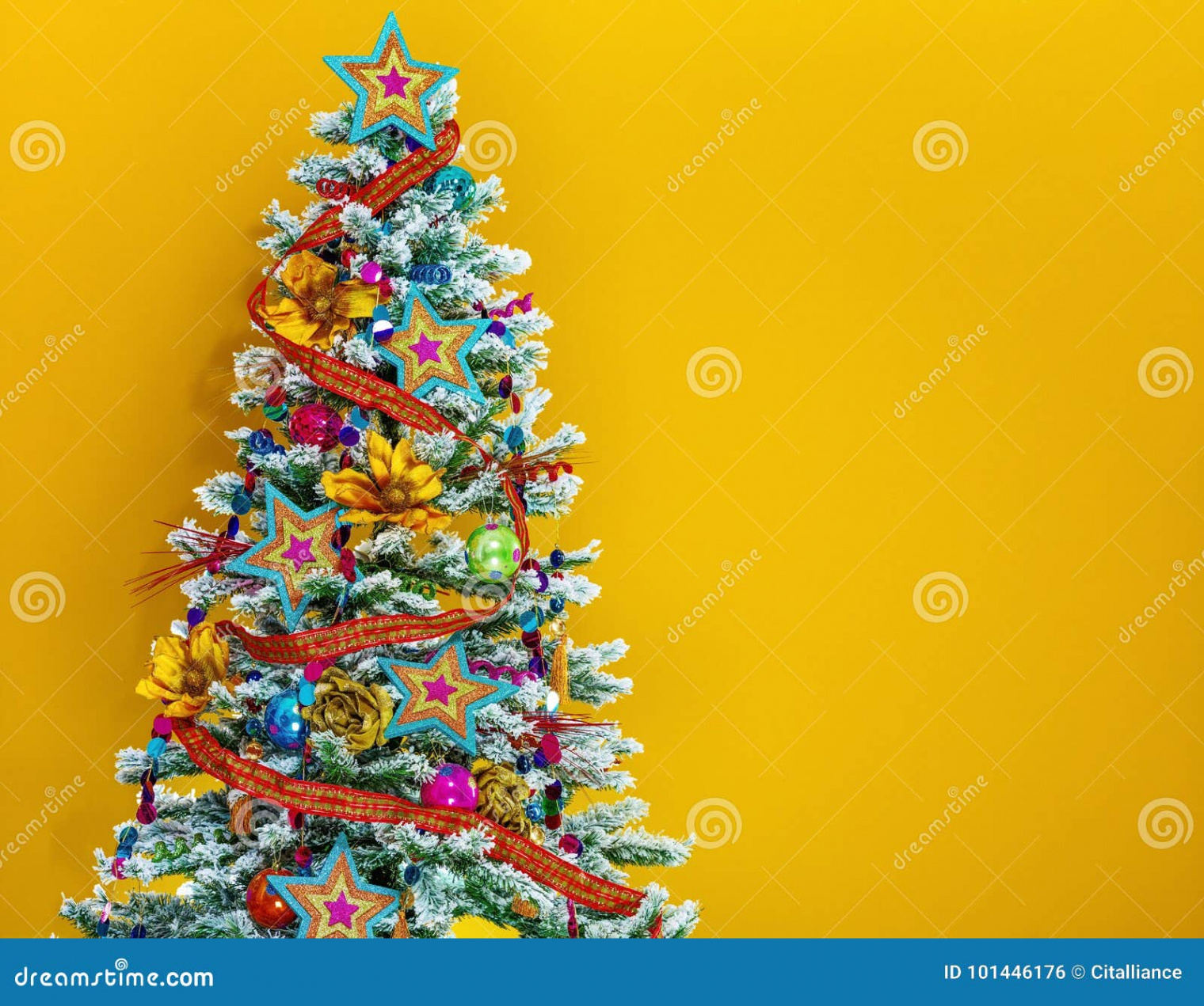 Colorful Christmas Tree on Yellow Background Stock Photo - Image