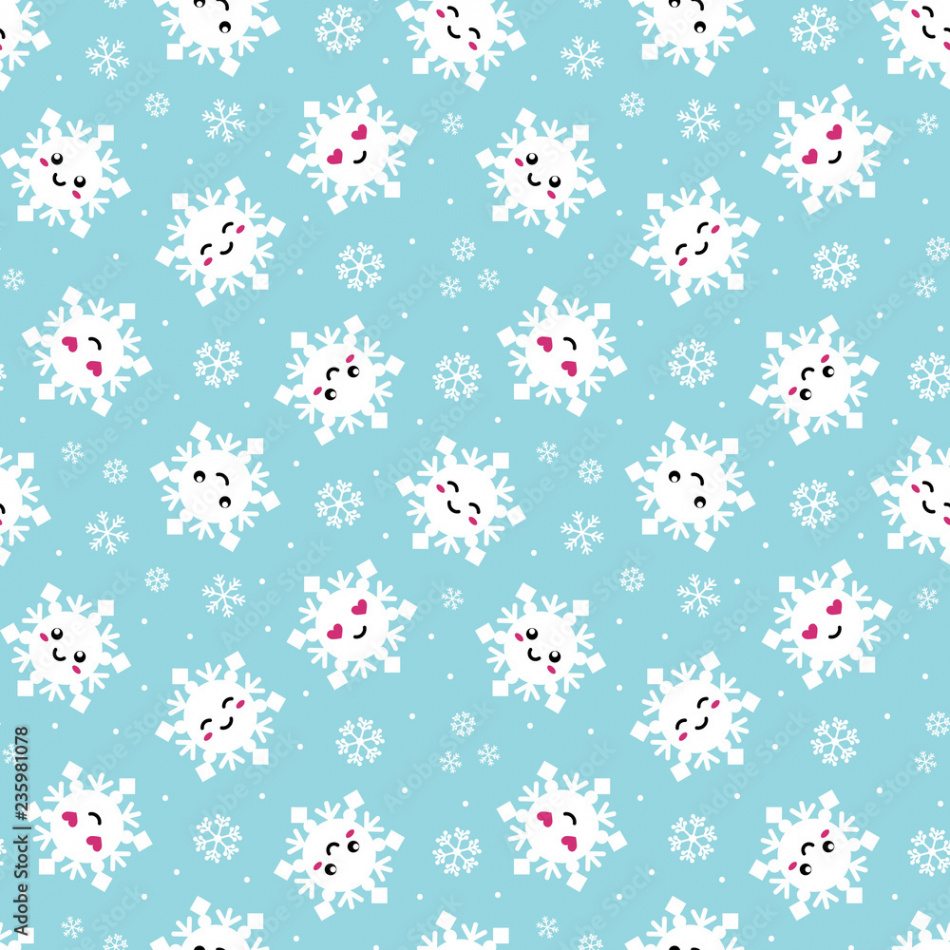 Cute cartoon happy snowflakes emoji seamless pattern background