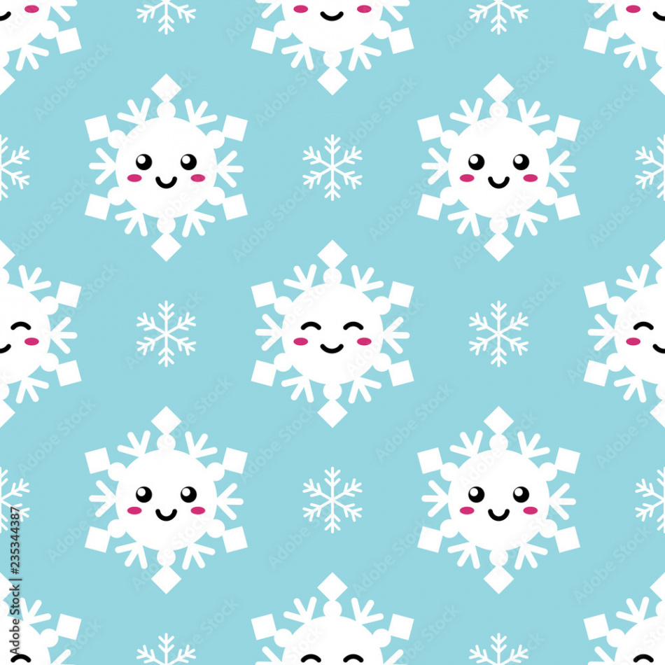 Cute cartoon style snowflakes emoji seamless pattern background