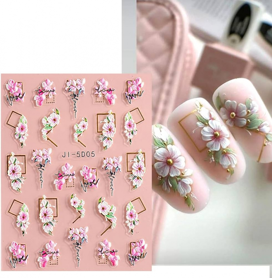 D Embossed Flower Leaves Nail Art Stickers Decals  Sheets D  Self-Adhesive Pegatinas Uñas Summer Nail Supplies Nail Art Design  Decoration