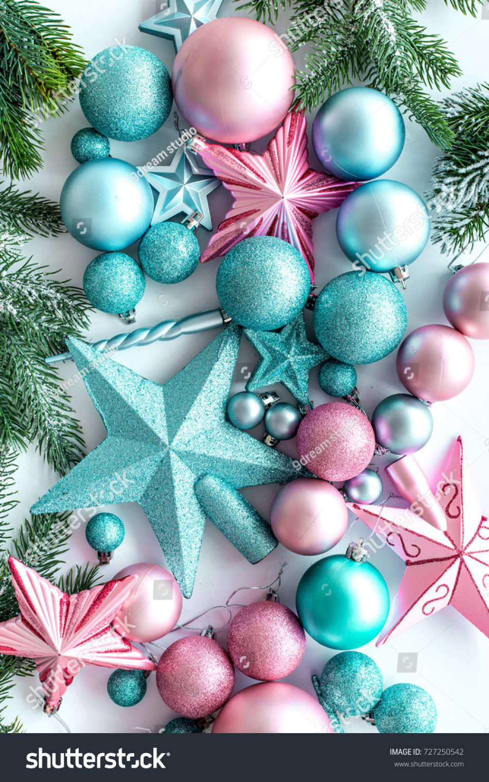 Decorate Christmas Tree Pink Blue Stars Stock Photo