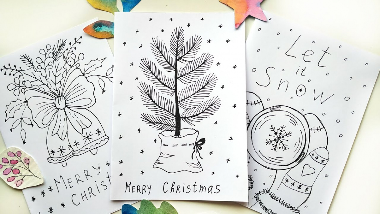 DIY Easy Christmas Cards - Doodles Drawing Ideas  Line Art Tutorial