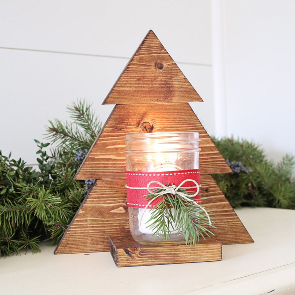 DIY Wood Christmas Tree Mason Jar Sconce - Angela Marie Made