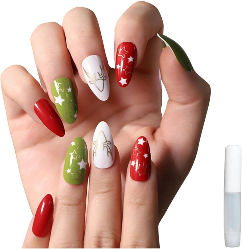 Fake Christmas Nails Star Elk Red Green Press On Nail Fake Nail Tips  Christmas Nail Art for Manicure Nail Studio DIY for Women Girls (Colour )