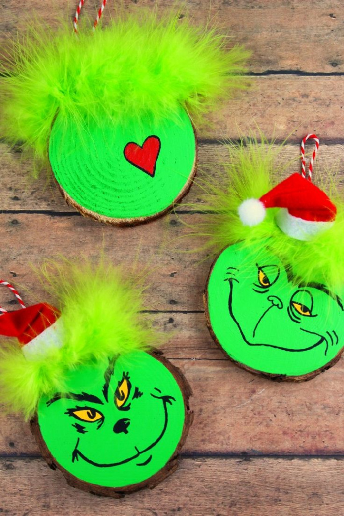 Festive Wood Slice Grinch Ornaments