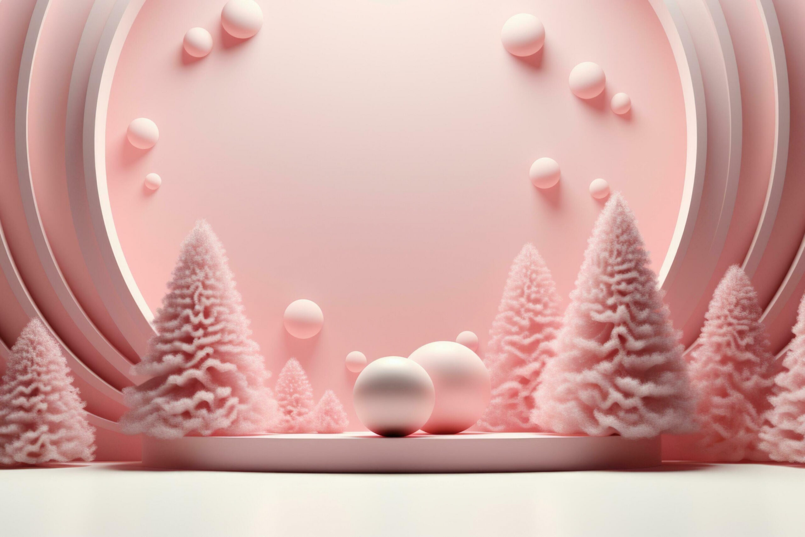 Gently pink Christmas abstract background with fir trees, balls