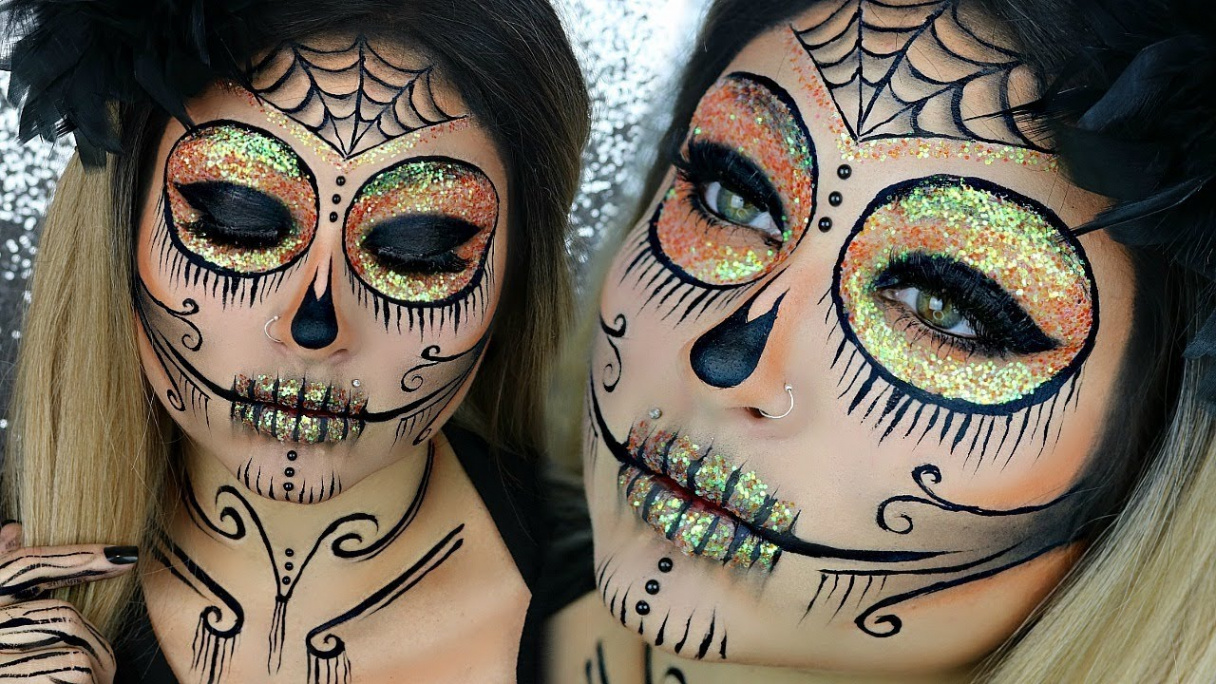 GLITTER SUGAR SKULL MAKEUP TUTORIAL HALLOWEEN MAKEUP GLAMOWEEN Easy  Halloween Makeup Beautybyjosiek