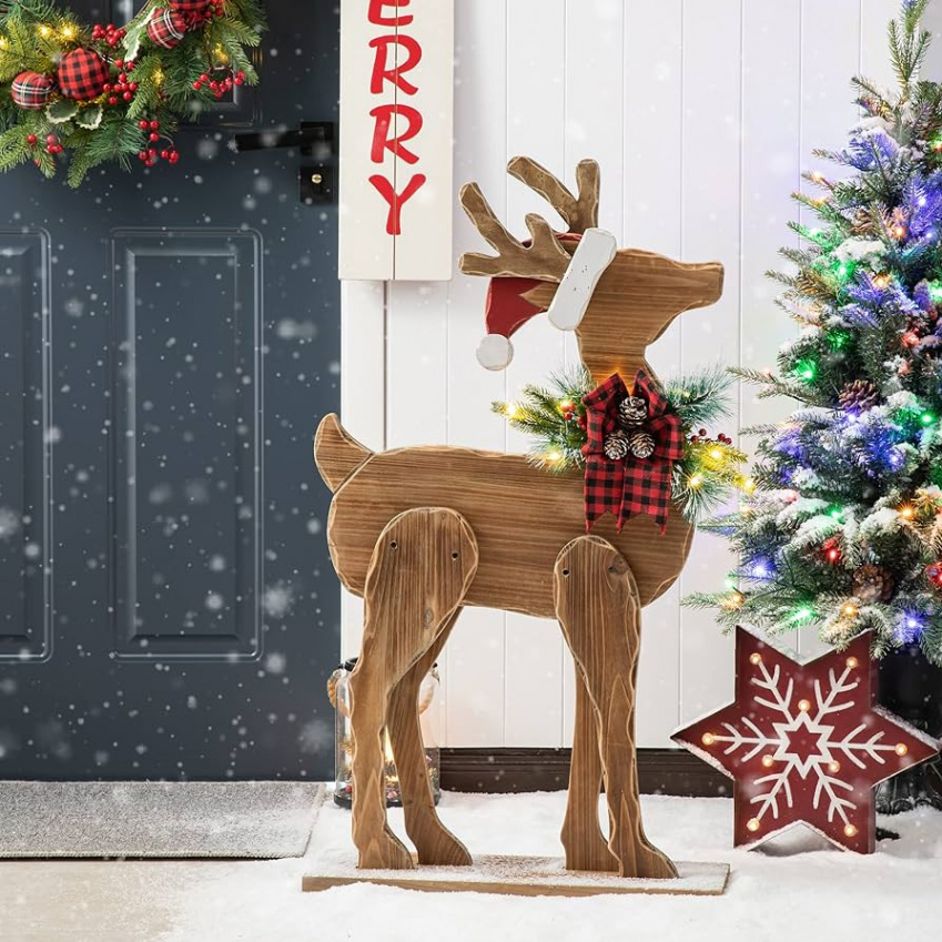 Glitzhome " H Lighted Wooden Christmas Chunky Reindeer Porch Sign  Standing Deer Porch Decor Rustic Merry Christmas Welcome Sign Holiday Party