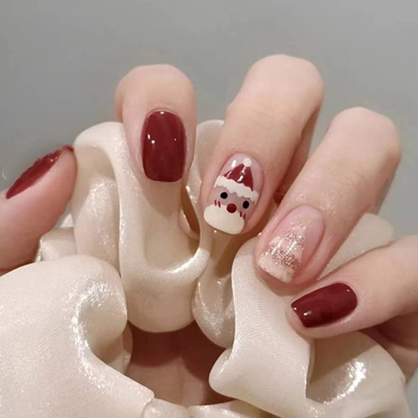 Handcess Christmas Square False Nails Red Short Shiny Press on