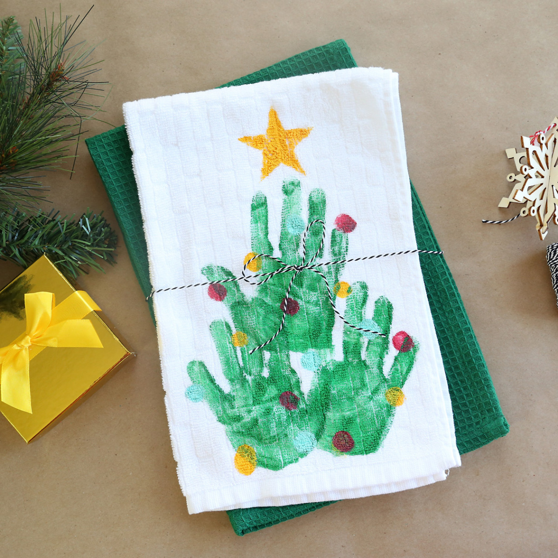 Handprint Christmas Tree Kitchen Towel easy DIY gift - It