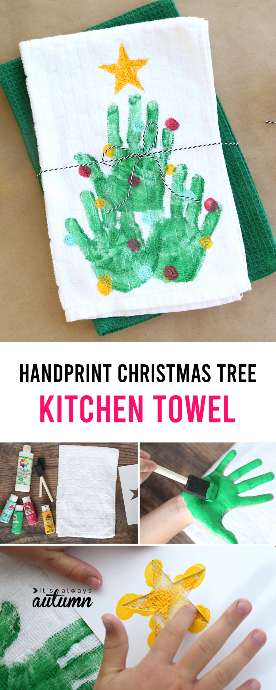 Handprint Christmas Tree Kitchen Towel easy DIY gift - It