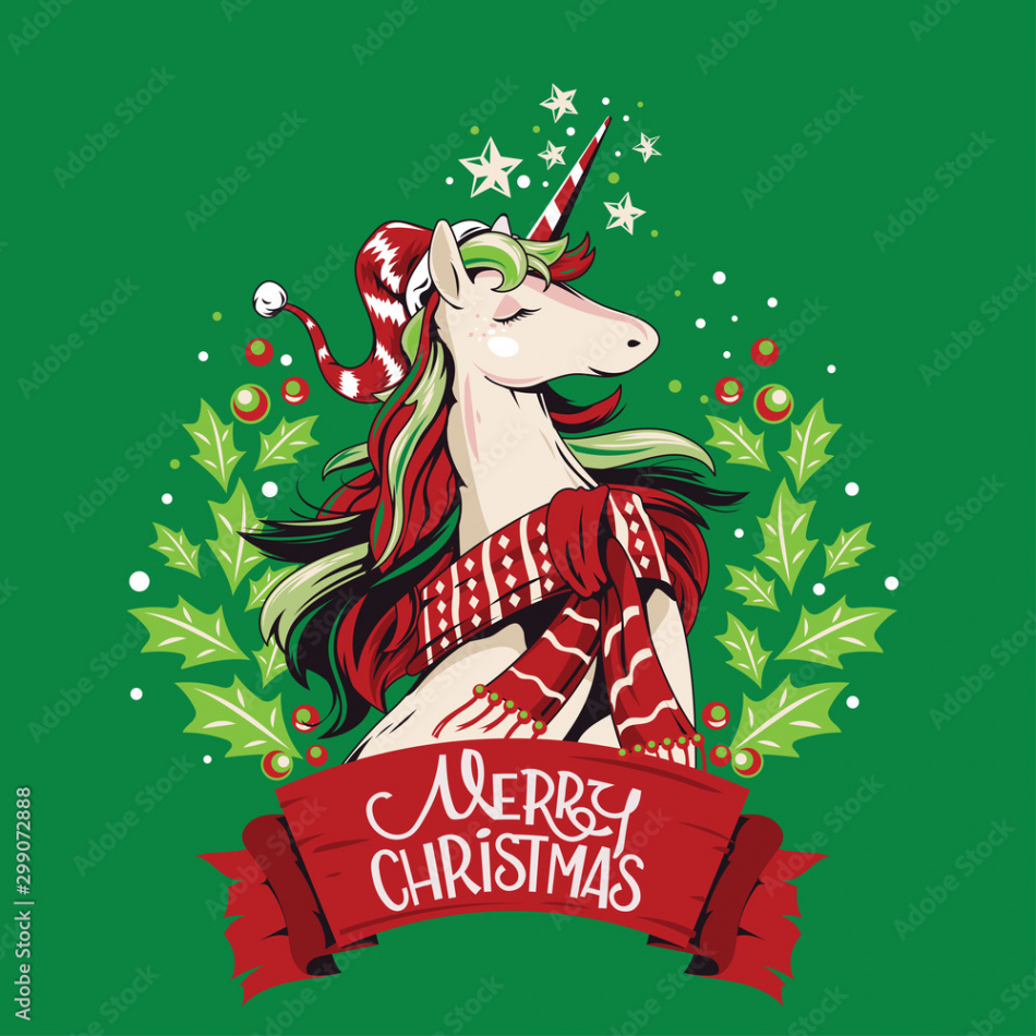 Illustration Cute Unicorn-Santa with Scarf on Christmas Wreath