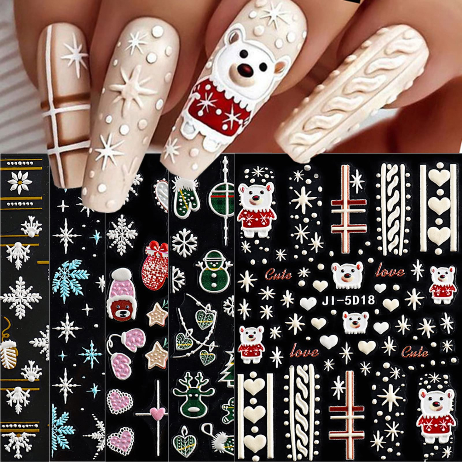 JMEOWIO D Embossed Christmas Nail Art Stickers Decals Self-Adhesive  Pegatinas Uñas D Snowflake Snowman Holiday Nail Supplies Nail Art Design