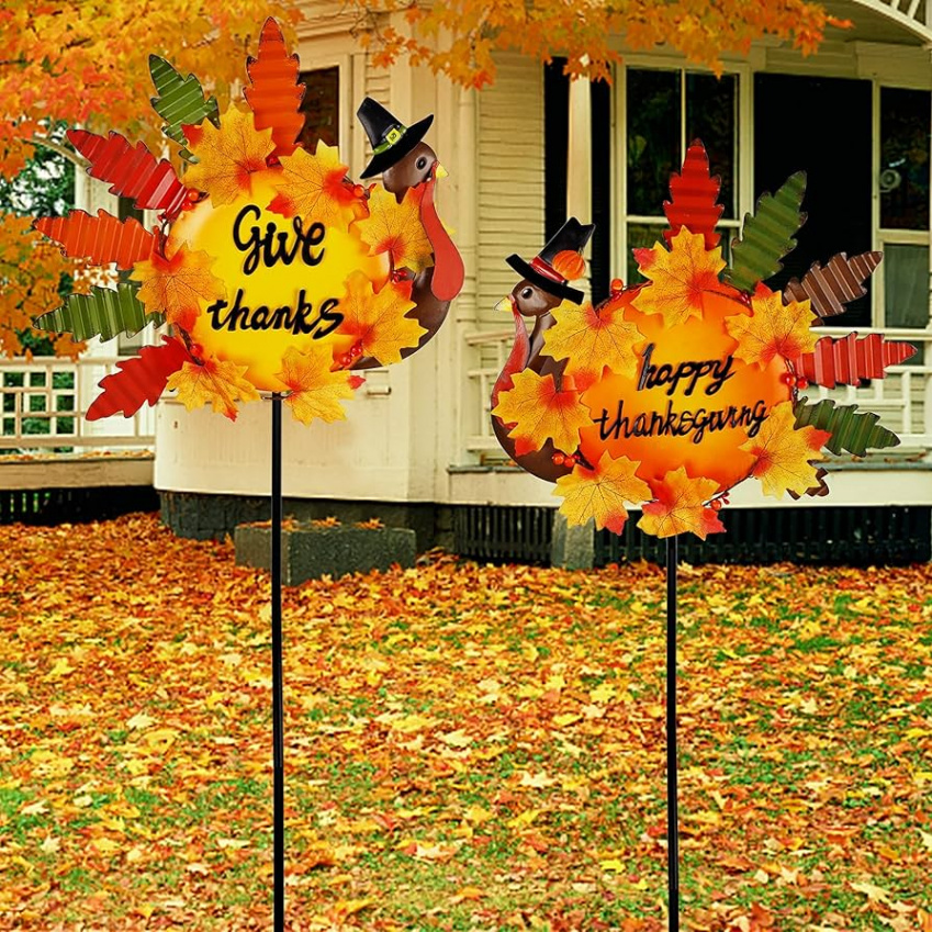 Juegoal Set of  Turkey Garden Stakes, Thanksgiving Decoration,  Inch  Metal Stable, Turkey Garden Stakes, Give Thanks & Happy Thanksgiving Yard