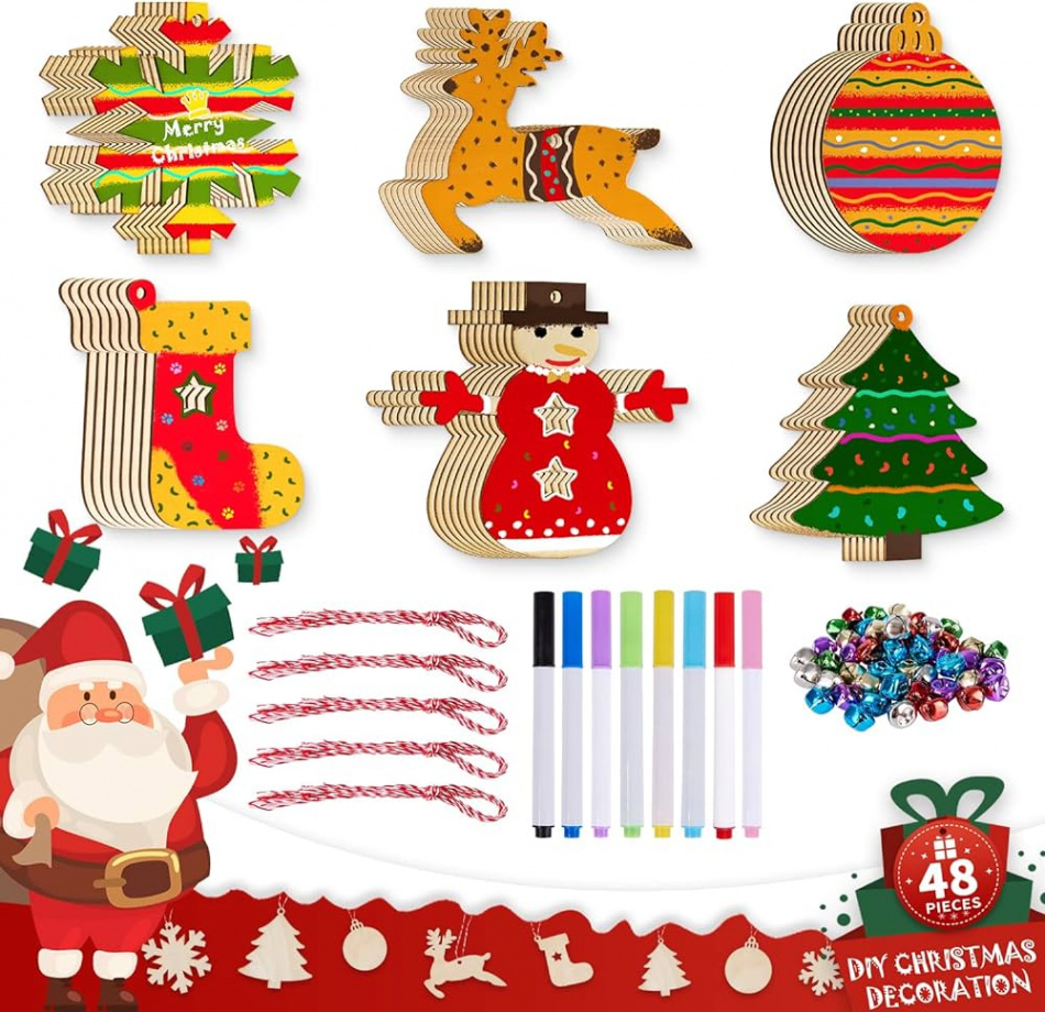 Lanpn Crafts Christmas Children Christmas Craft Set Christmas Decoration  Christmas Wooden Pendant Tree Pendant Wood for Painting Adults ( Pieces)