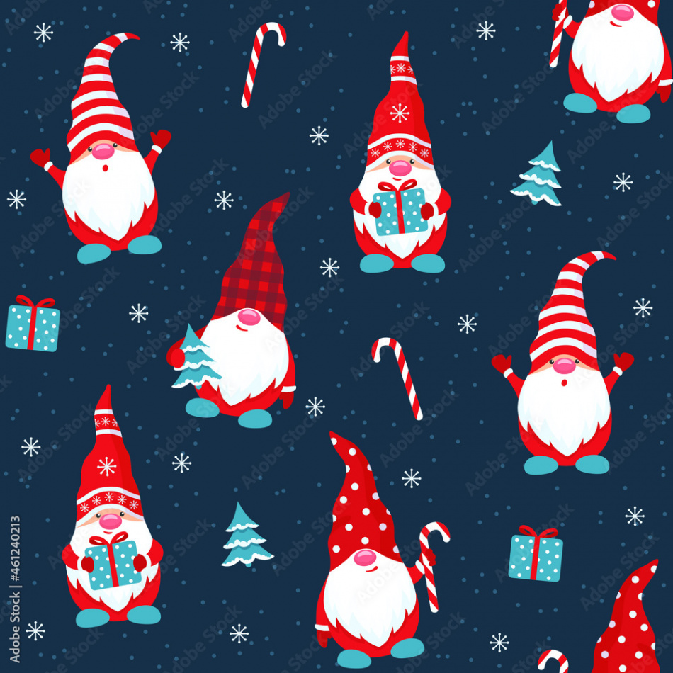 Little gnomes seamless pattern on a dark blue background