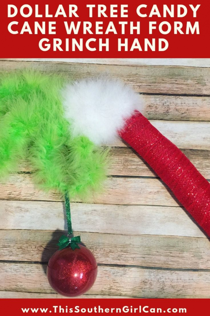 Make this awesome Grinch decoration with a candy cane wreath form
