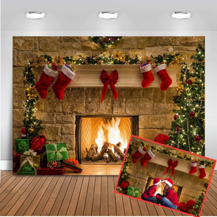 Mehofoto Christmas Tree Fireplace Socks Photo Background Christmas  Photography Backdrop  x  ft Xmas Party Decoration Gift Backdrop Christmas  Eve