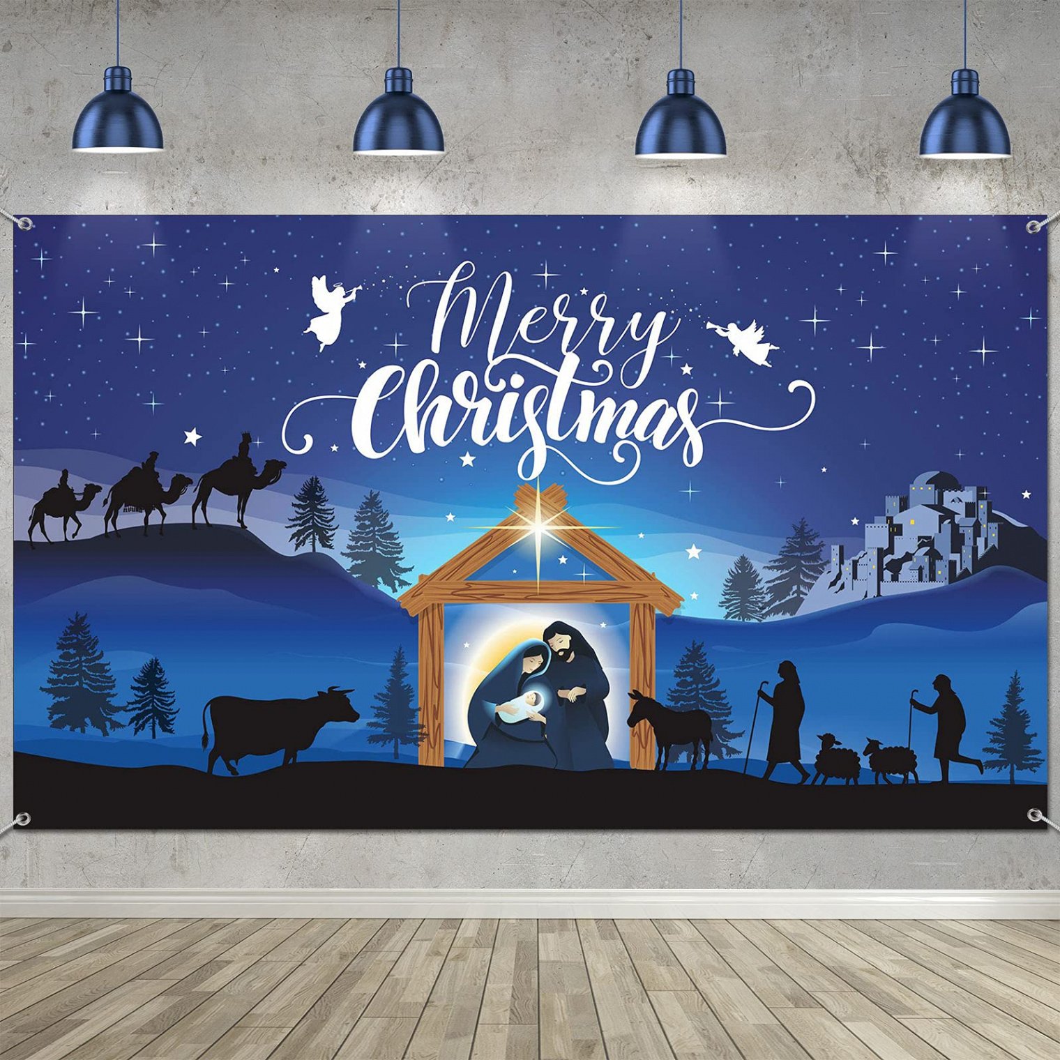 Nativity Banner Merry Christmas Nativity Barn Birth of Jesus Nativity  Backdrop Scene Blue Large Holy Nativity Backdrop Religious Xmas Photography