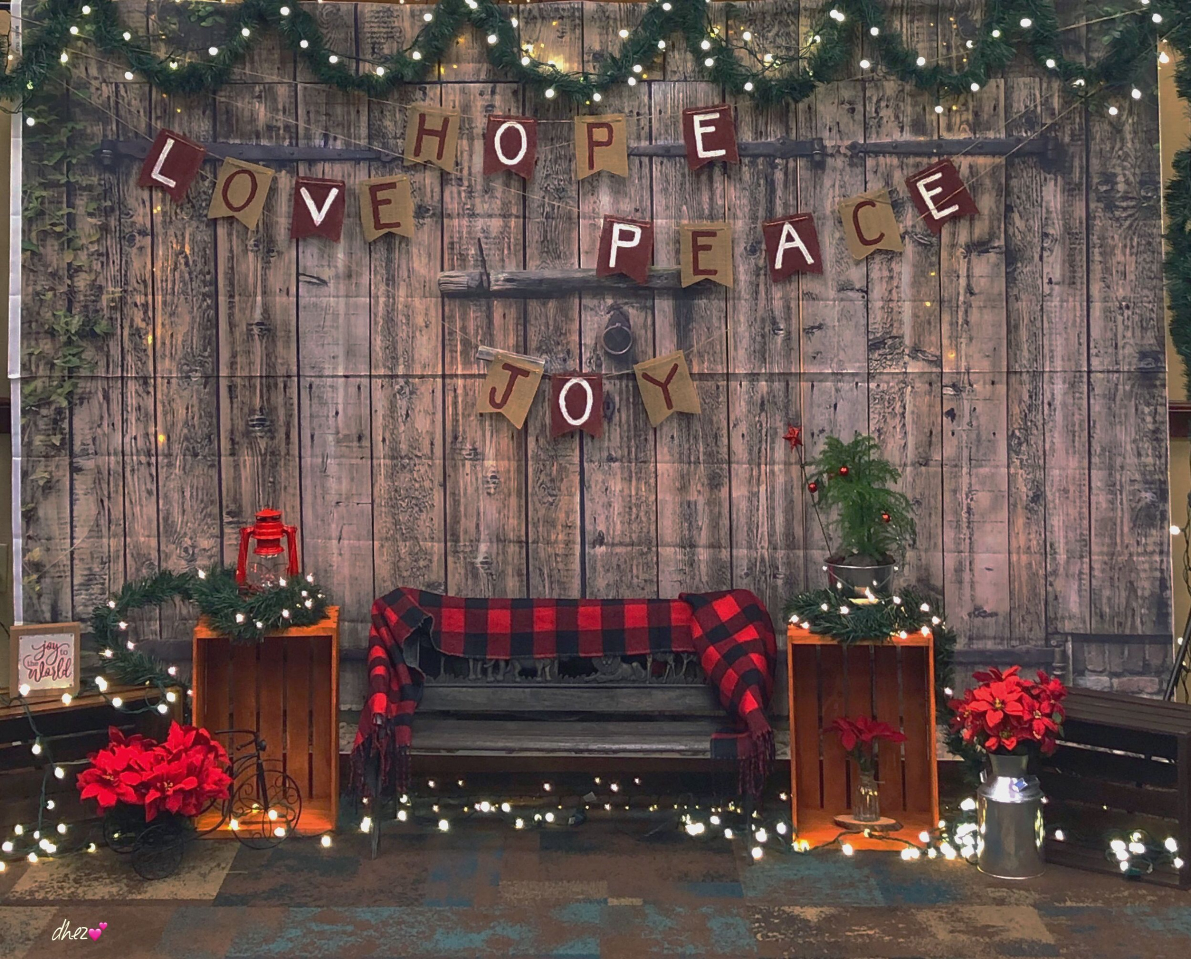 our rustic Christmas backdrop/stage  Diy christmas backdrop