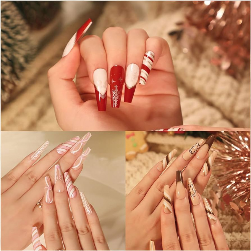 Pieces Christmas Artificial Nails for Sticking, Long French Light Pink  Red Bottle Nails, DIY Fingernails, Nail Art for Women (A)