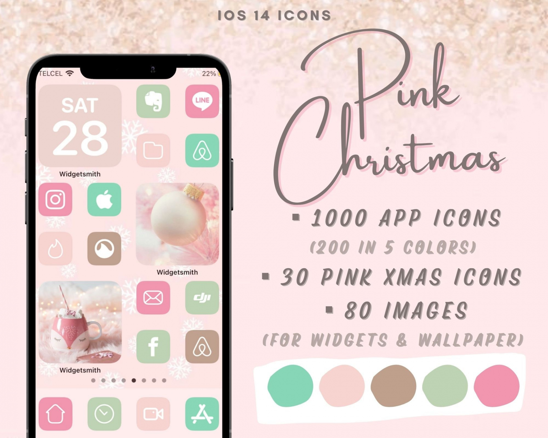 PINK Christmas Aesthetic Ios  Icons Holiday (Instant