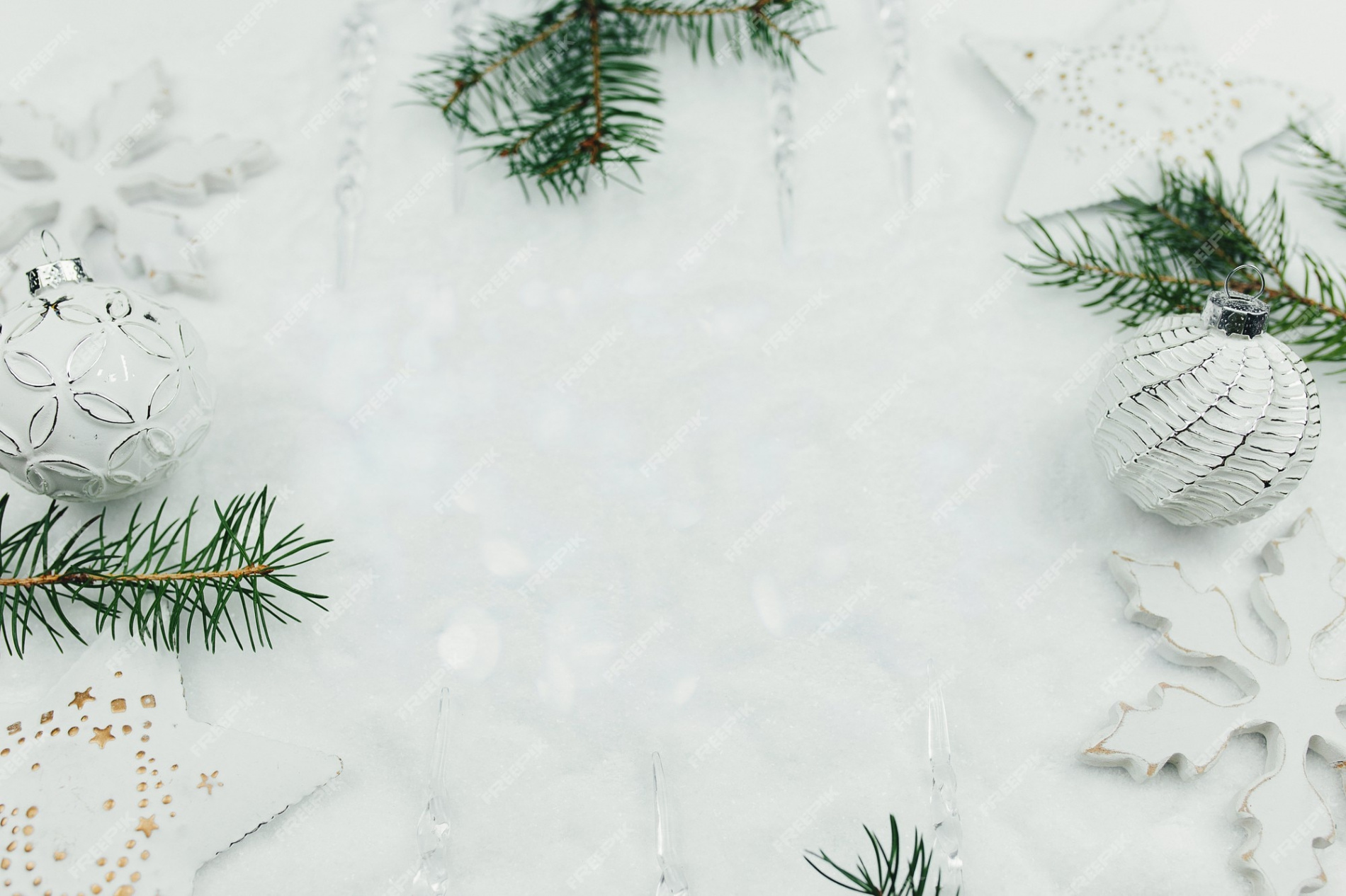 Premium Photo  White christmas decor and branches of fir on snow