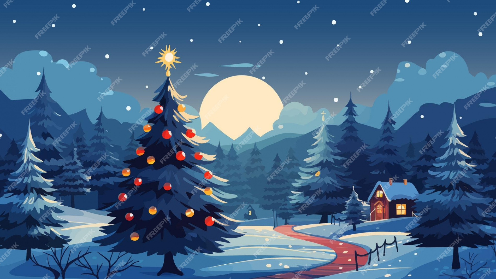 Premium Vector  Winter night landscape with christmas trees and