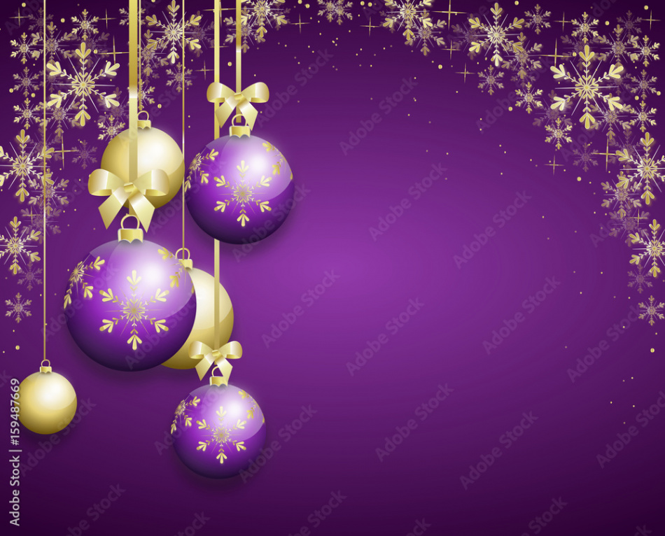 purple christmas background decorated with christmas bulbs Stock