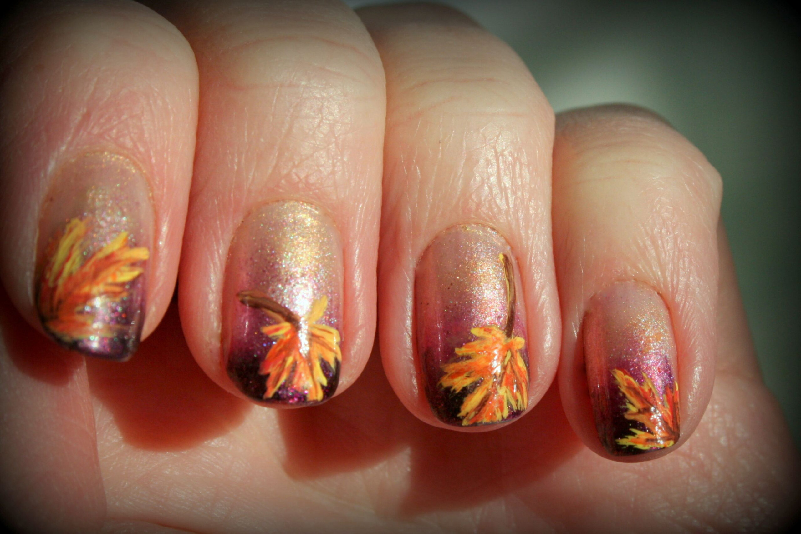 Purple Fall Leaves  Fall leaves nail art, Thanksgiving nail art