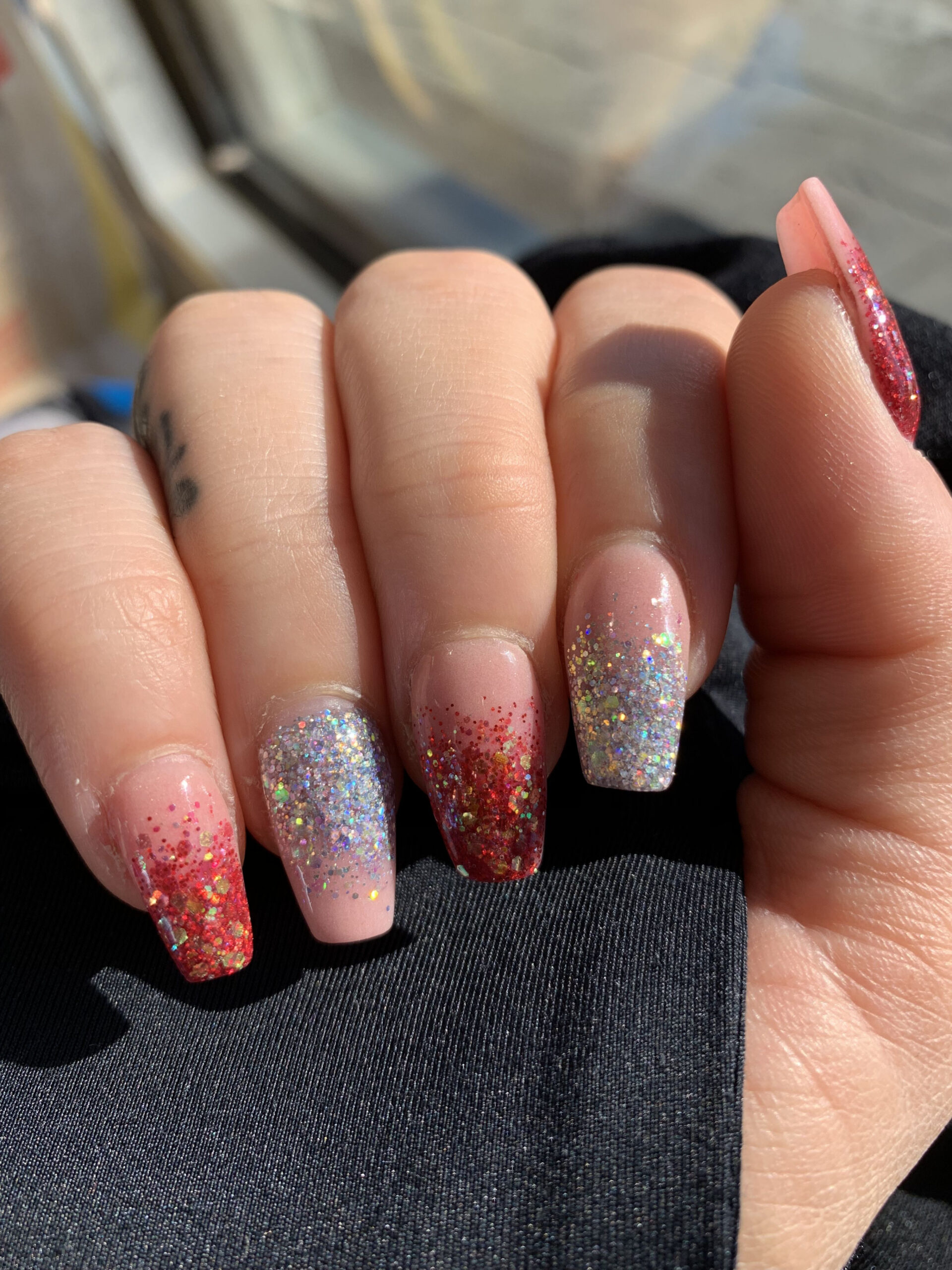 Red and silver ombré acrylic, December Birthday nails