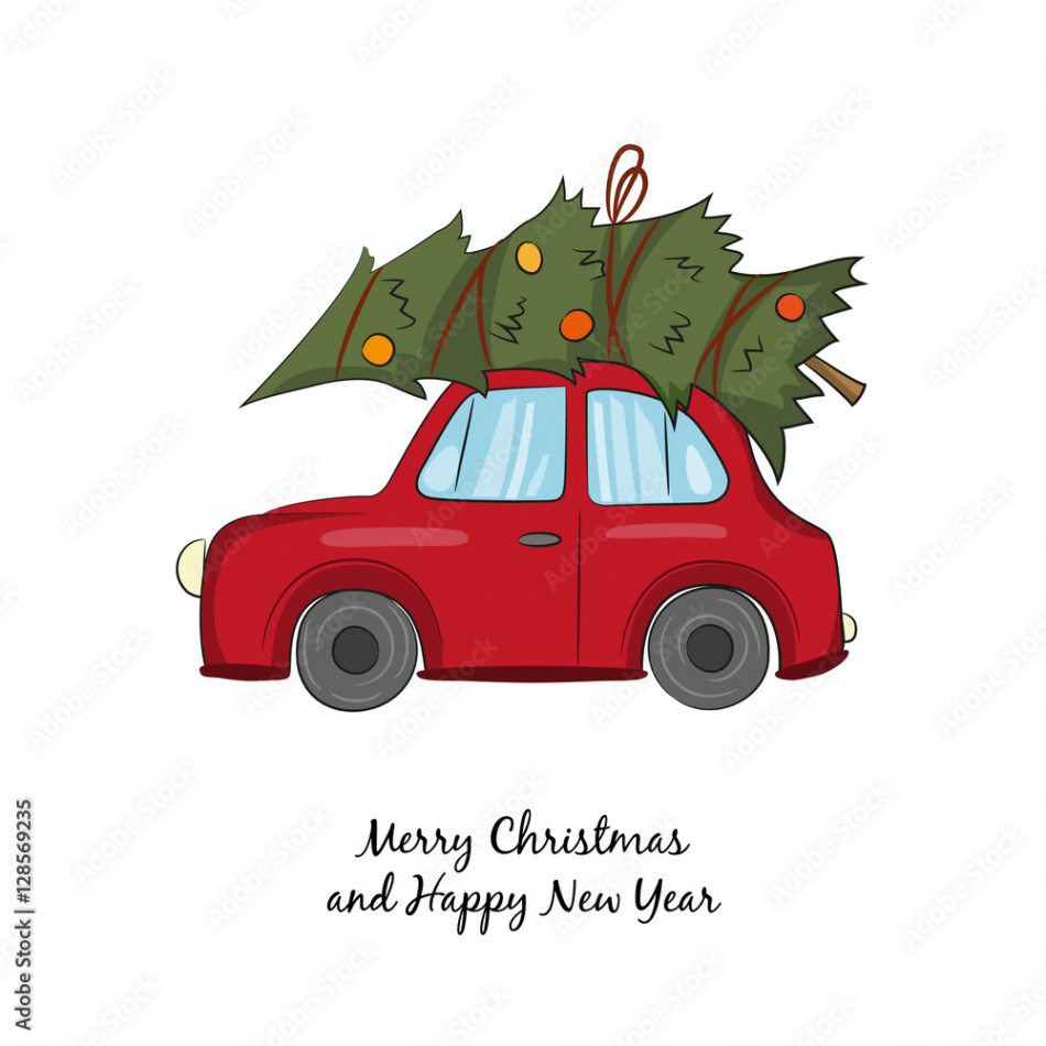 Red car with Christmas tree on the white background