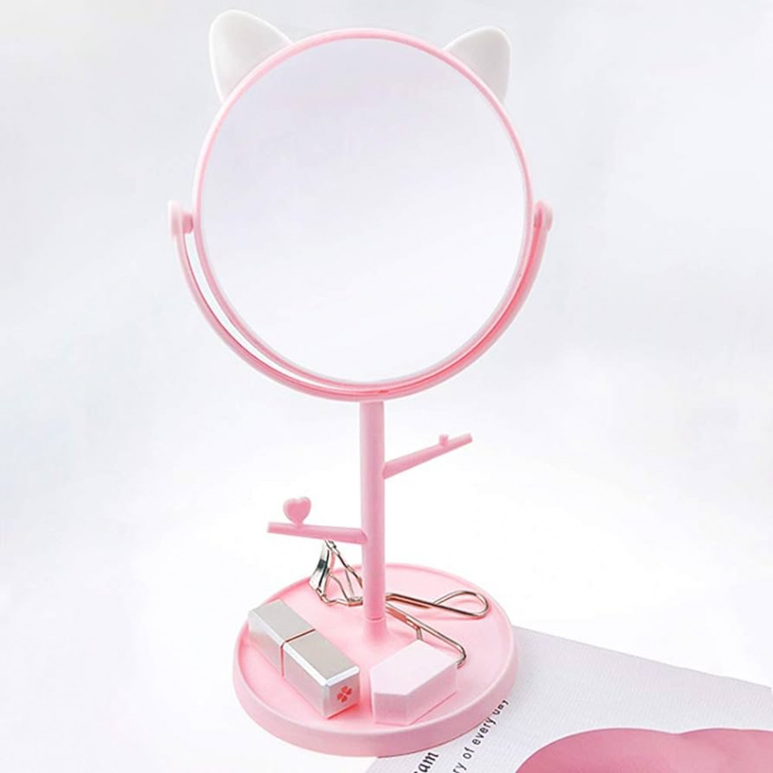 Round Makeup Cosmetic Mirror Cat Ear Shape Makeup Mirror for Bathroom or  Bedroom with  Degree Swivel Pink Rose