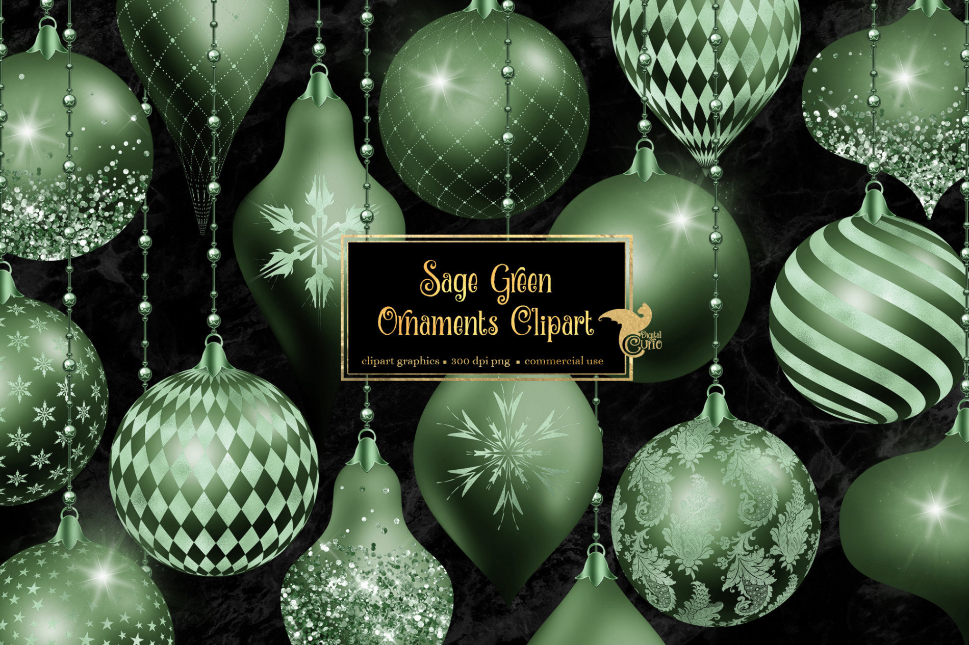 Sage Green Christmas Ornaments Clipart digitale Glitter - Etsy