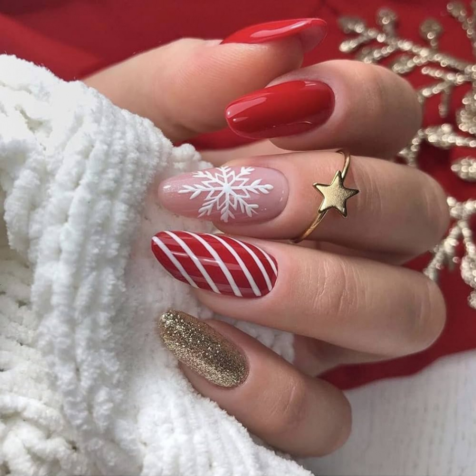 Sethexy Christmas Almond False Nails Christmas Snowflake Press On