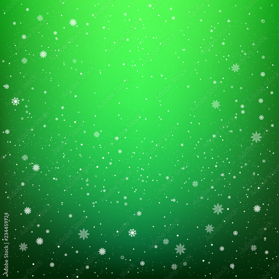 Snowfall on dark green background. Winter sky with snow