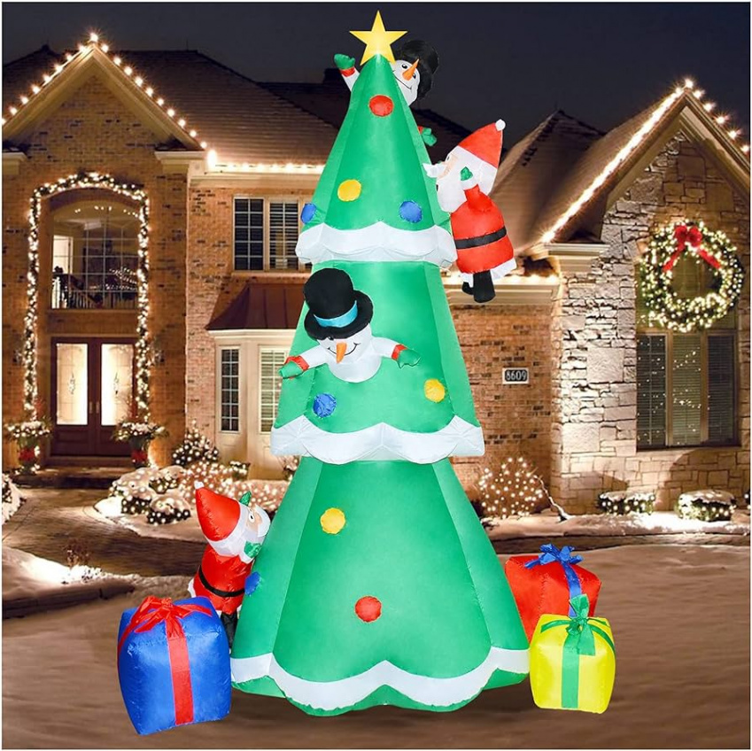 SUNSHNO Ft Inflatable Christmas Decoration Tree with Built-in LED,  Inflatable Tree with  Gift Boxes,  Snowmen and  Santa Claus for Indoor  and