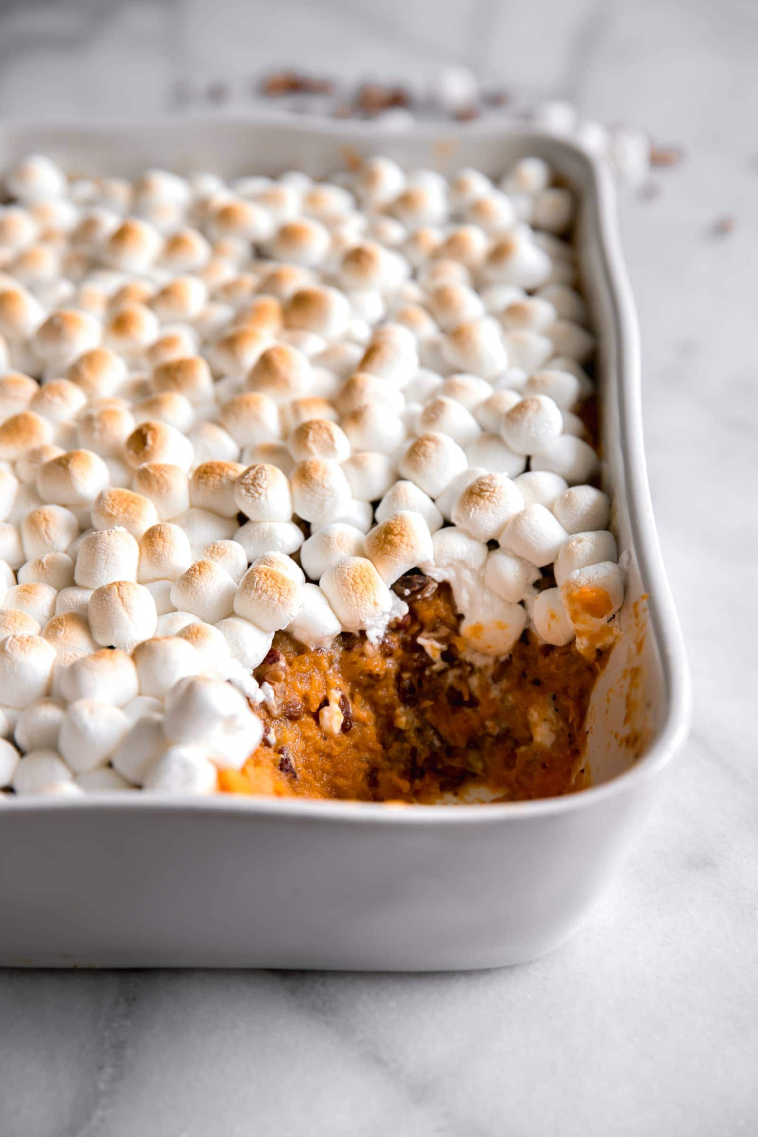 Sweet Potato Casserole with Marshmallows & Candied Pecans