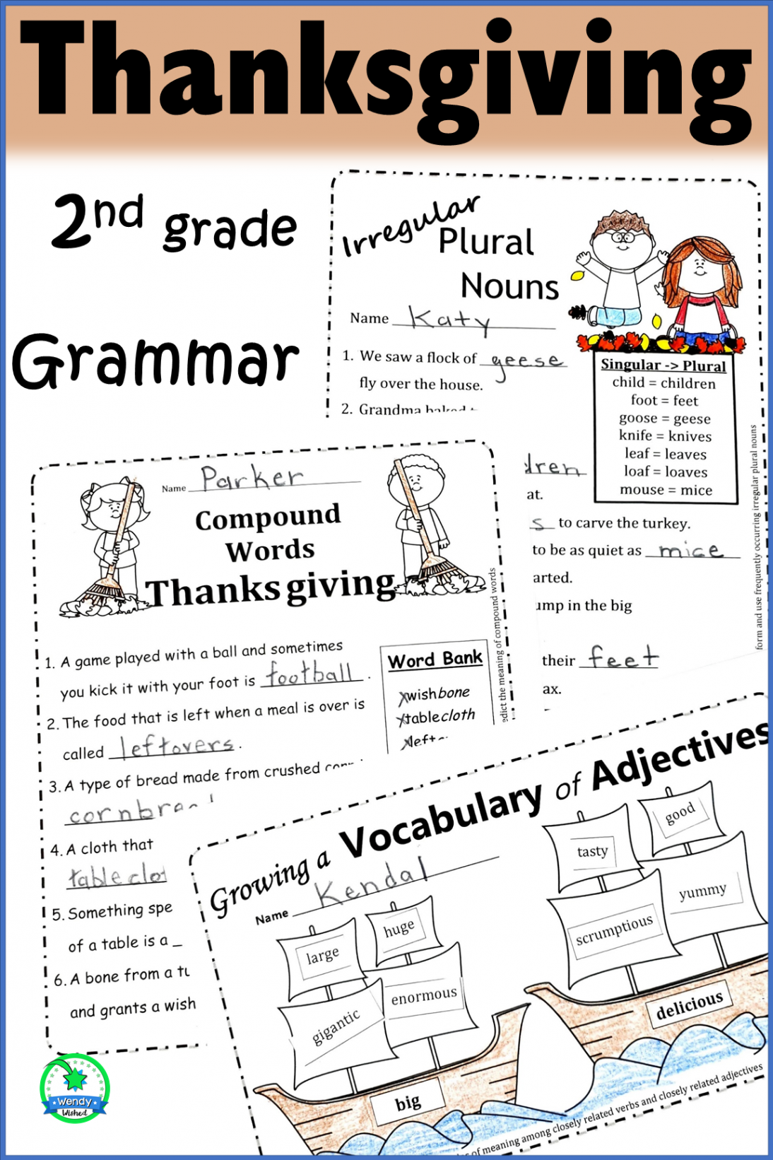 Thanksgiving Grammar Worksheets for nd grade Language Arts ELA