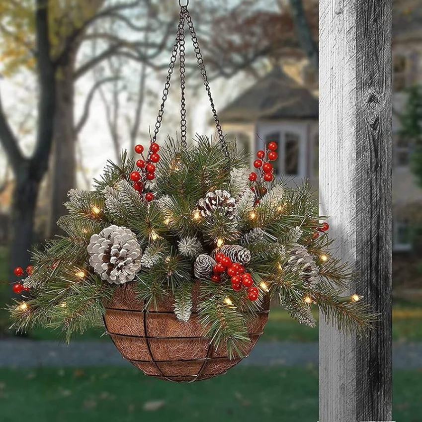 yangmi Artificial Christmas Hanging Basket with LED Lights