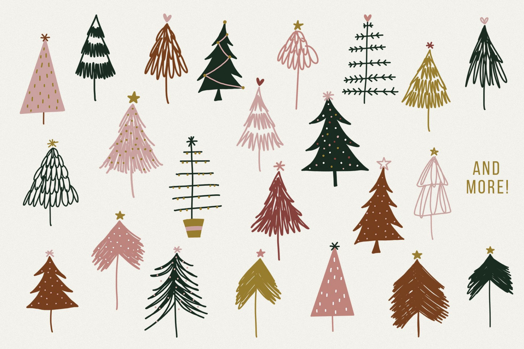 Boho Christmas Trees Clipart, Modern and Messy Christmas Trees