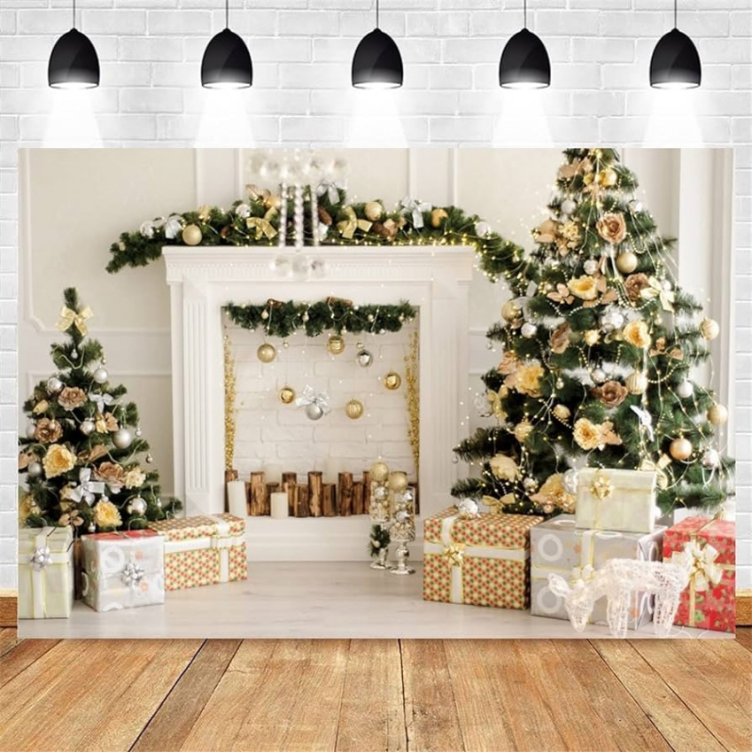 Christmas Fireplace Background Christmas Themes Photography Background  Christmas Trees Gifts Home Decor (Colour: , Size: Vinyl  x  cm)