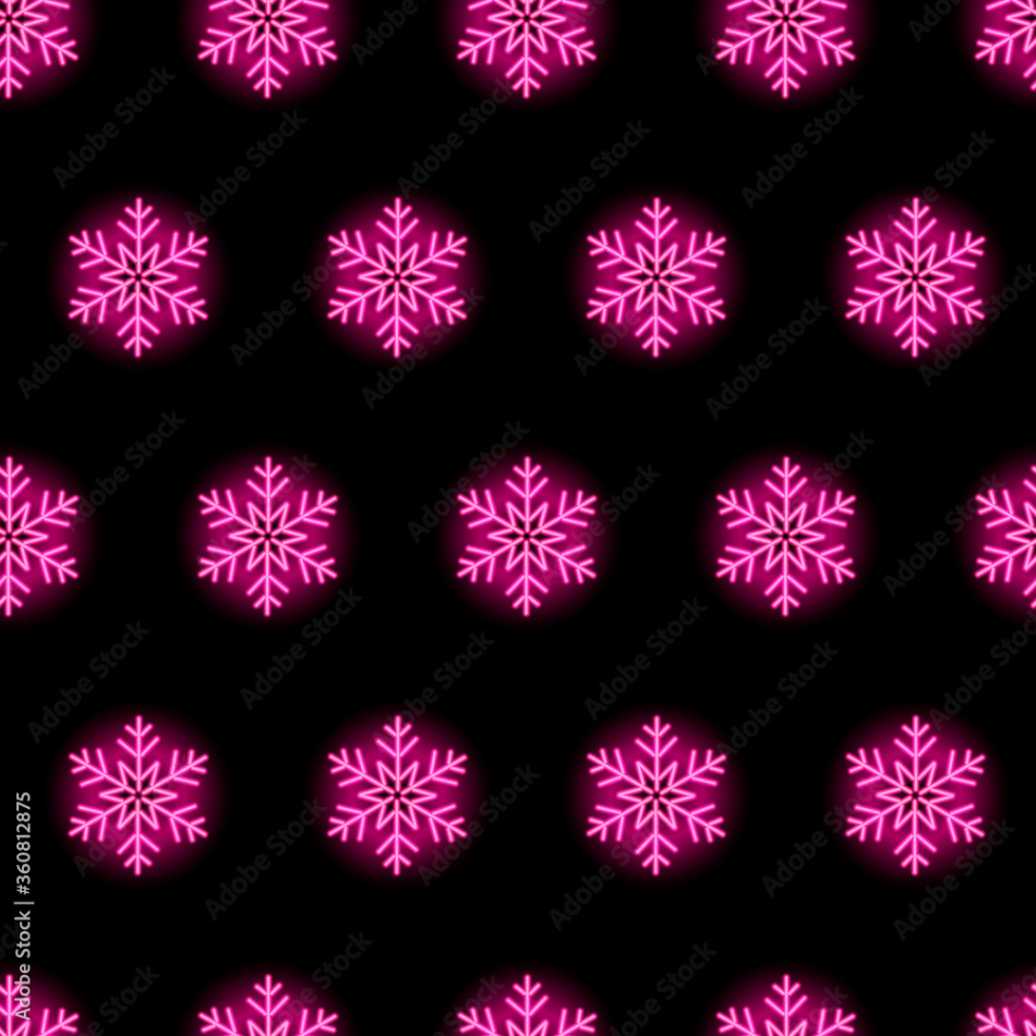 Christmas neon seamless pattern with pink blue snowflakes on black